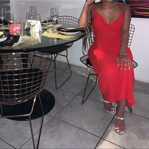 Red fitted cow neck maxi dress